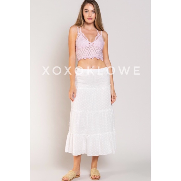 1 LEFT Embroidered Cotton Eyelet Tiered Princess Midi Skirt - Picture 7 of 10